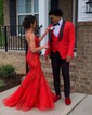 Mermaid V-neck Glitter Tulle Prom Dresses With Appliques