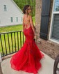 Mermaid V-neck Glitter Tulle Prom Dresses With Appliques