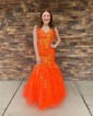 Mermaid V-neck Glitter Tulle Prom Dresses With Appliques