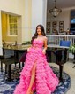 Princess Strapless Floral Tulle Ruffle Tiered Prom Dresses