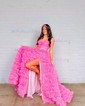 Princess Strapless Floral Tulle Ruffle Tiered Prom Dresses
