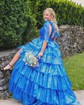 Ball Gown V-neck Tulle Ruffle Tiered Prom Dresses With Bow