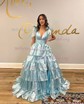 Ball Gown V-neck Tulle Ruffle Tiered Prom Dresses With Bow