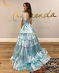 Ball Gown V-neck Tulle Ruffle Tiered Prom Dresses With Bow