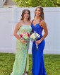 Mermaid V-neck Jersey Backless Beaded Prom Dresses