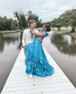A-line V-neck Satin Cut Out Ruffle Tiered Prom Dresses