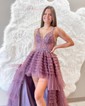A-line V-neck Tulle Ruffle Tiered Prom Dresses With Appliques