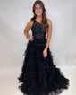 Ball Gown One Shoulder Tulle Ruffle Tiered Prom Dresses With Lace