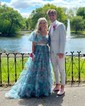 Ball Gown Off-the-shoulder Tulle Floral Prom Dresses With Puff Sleeve