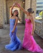 Mermaid Scoop Neck Lace Tulle Prom Dresses With Appliques