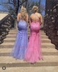 Mermaid Scoop Neck Lace Tulle Prom Dresses With Appliques