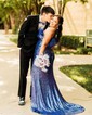 Sheath/Column Strapless Sparkly Sequin Prom Dresses With Feather