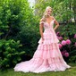 Ball Gown Off-the-shoulder Tulle Tiered Prom Dresses With Appliques
