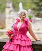 Ball Gown V-neck Tulle Ruffle Tiered Prom Dresses With Bow