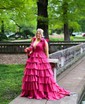 Ball Gown V-neck Tulle Ruffle Tiered Prom Dresses With Bow