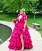 Ball Gown V-neck Tulle Ruffle Tiered Prom Dresses With Bow