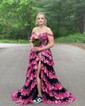 Ball Gown Off-the-shoulder Tulle Tiered Prom Dresses With Appliques