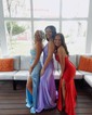 Sheath/Column Strapless Satin Corset Prom Dresses With Beading