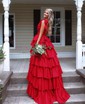 Ball Gown V-neck Tulle Ruffle Tiered Prom Dresses With Bow