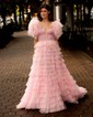 Ball Gown Sweetheart Tulle Puff Sleeve Tiered Prom Dresses