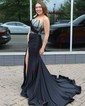 Mermaid One Shoulder Jersey Beaded Prom Dresses With Ruched