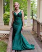 Mermaid V-neck Jersey Beaded Prom Dresses With Ruched