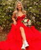 Ball Gown Strapless Tulle Ruffle Tiered Prom Dresses With Appliques