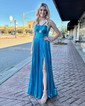 Sparkly A-line Halter Metallic Prom Dresses With Ruched