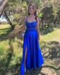 Red A-line Cowl Neck Satin Prom Dresses With Ruched