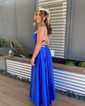 Red A-line Cowl Neck Satin Prom Dresses With Ruched