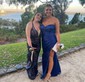 Black Sheath/Column Strapless Satin Prom Dresses With Ruched