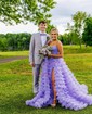 Princess Strapless Floral Tulle Ruffle Tiered Prom Dresses