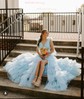 Ball Gown V-neck Floral Tulle Ruffle Tiered Prom Dresses