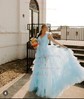 Ball Gown V-neck Floral Tulle Ruffle Tiered Prom Dresses