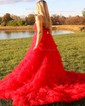 Ball Gown One Shoulder Tulle Ruffle Tiered Prom Dresses With Lace