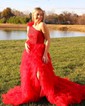 Ball Gown One Shoulder Tulle Ruffle Tiered Prom Dresses With Lace