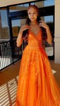 Ball Gown V-neck Tulle Corset Prom Dresses With Appliques
