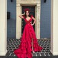 A-line V-neck Satin Cut Out Ruffle Tiered Prom Dresses