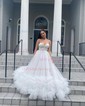Ball Gown Strapless Tulle Ruffle Tiered Prom Dresses With Appliques