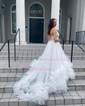 Ball Gown Strapless Tulle Ruffle Tiered Prom Dresses With Appliques