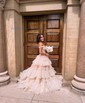 Ball Gown Off-the-shoulder Tulle Tiered Prom Dresses With Appliques