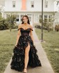 Ball Gown Off-the-shoulder Tulle Tiered Prom Dresses With Appliques