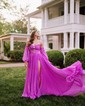 Ball Gown Off-the-shoulder Chiffon Pleated Prom Dresses With Puff Sleeve