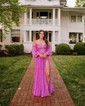Ball Gown Off-the-shoulder Chiffon Pleated Prom Dresses With Puff Sleeve