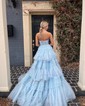 Ball Gown Strapless Tulle Tiered Prom Dresses With Appliques