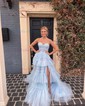 Ball Gown Strapless Tulle Tiered Prom Dresses With Appliques
