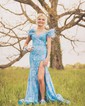 Mermaid Off-the-shoulder Sparkly Sequin Prom Dresses With Feather