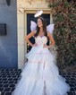 Ball Gown Strapless Tulle Ruffle Tiered Prom Dresses With Appliques