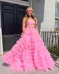 Ball Gown Strapless Tulle Ruffle Tiered Prom Dresses