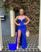Sheath/Column V-neck Satin Corset Prom Dresses With Ruched